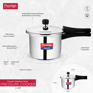 Prestige Popular Stainless Steel Pressure Cooker 3 Ltr | Silver