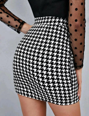 SHEIN PRIVE HOUNDSTOOTH PRINT ASYMMETRIC HEM SKIRT