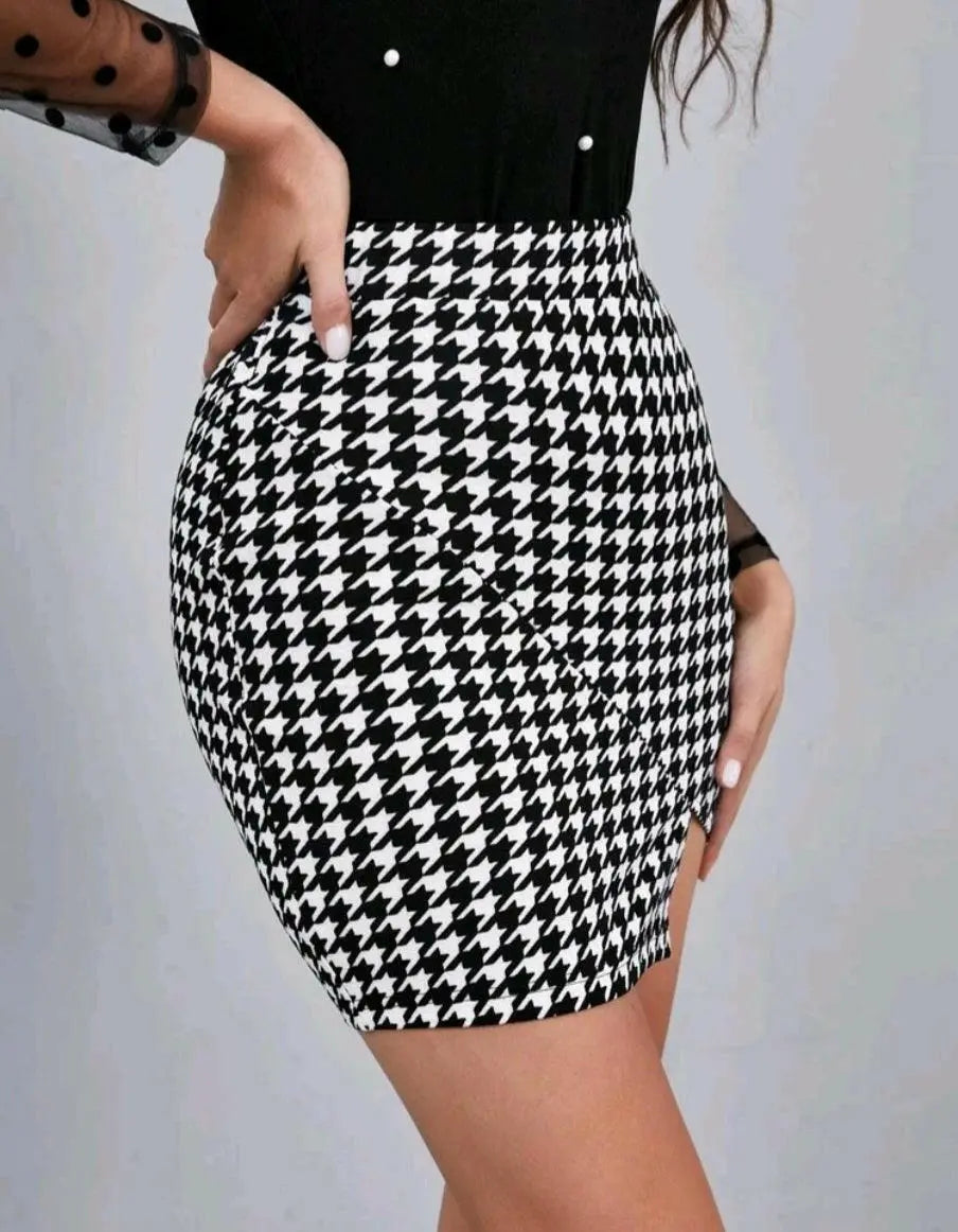 SHEIN PRIVE HOUNDSTOOTH PRINT ASYMMETRIC HEM SKIRT