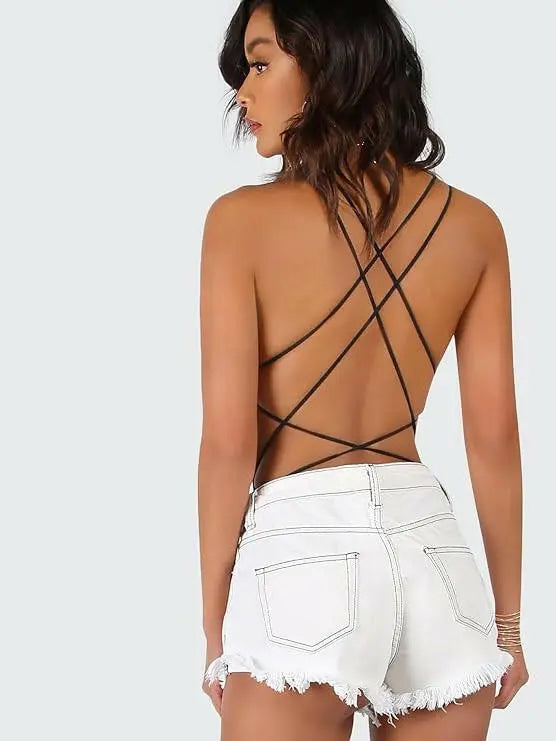 SHEIN Women's Crisscross Strappy Backless Skinny Cami Bodysuit Top