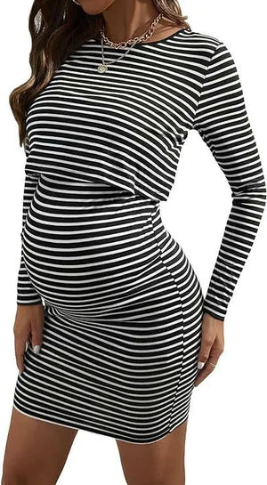 SHEIN Women's Maternity Striped Print Long Sleeve Nursing Bodycon Pencil Dress