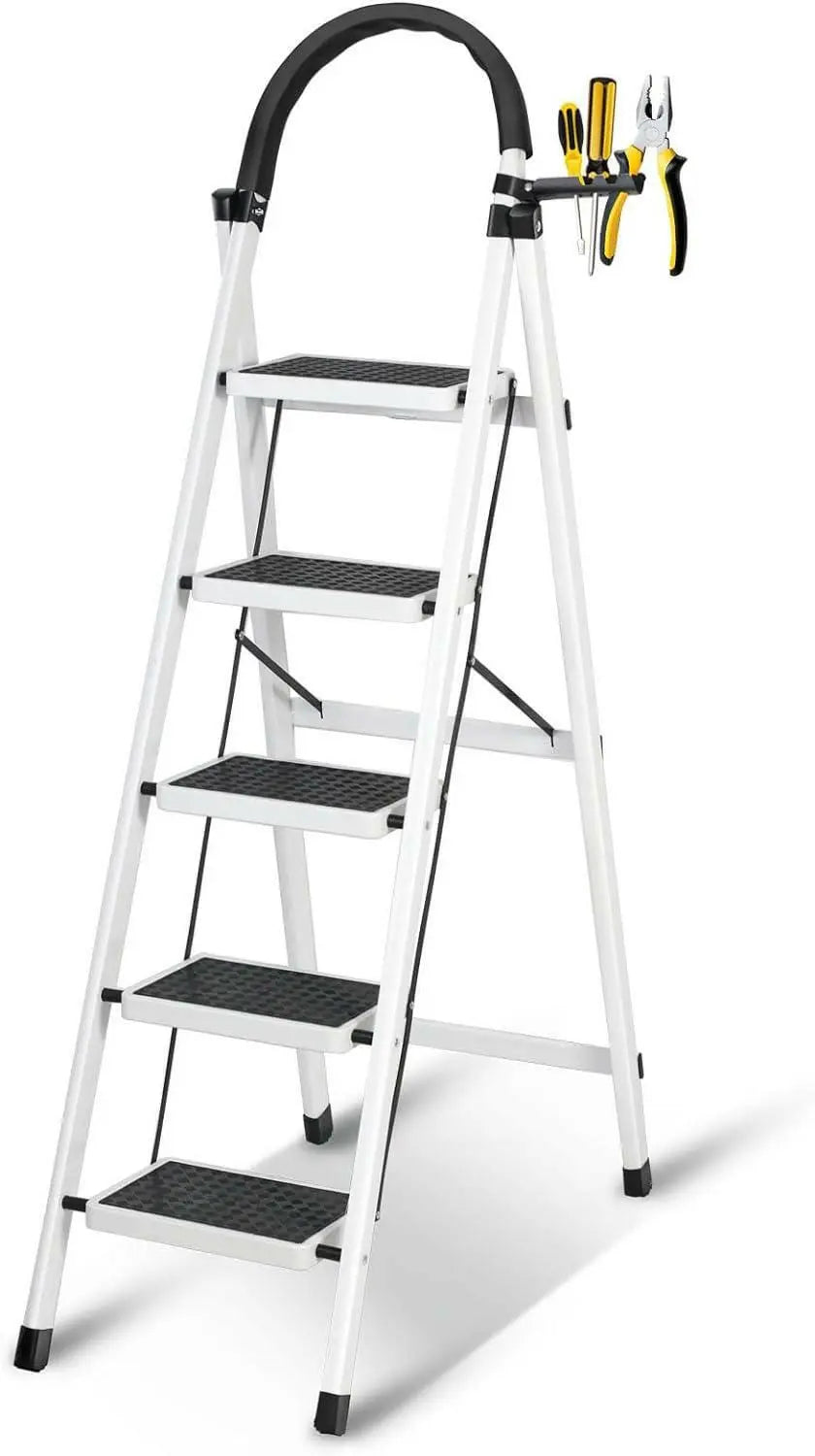 SKY-TOUCH Foldable Ladder 5 Steps, Home Ladder Folding Step Stool with Wide Anti-Slip Pedal, Adults Folding Sturdy Steel Ladder for Home,Kitchen