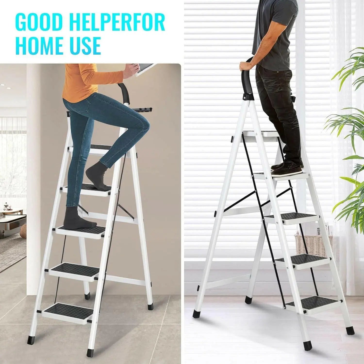 SKY-TOUCH Foldable Ladder 5 Steps, Home Ladder Folding Step Stool with Wide Anti-Slip Pedal, Adults Folding Sturdy Steel Ladder for Home,Kitchen