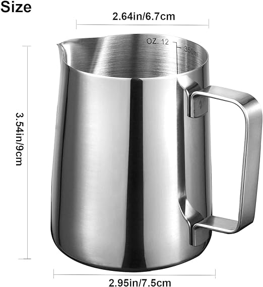Stainless Steel 350ml Milk Frothing Pitcher Measurements on Both Sides