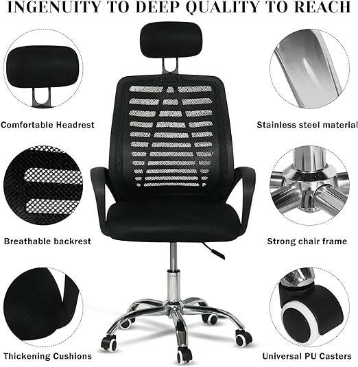 SKY TOUCH Office Chair,Comfort Ergonomic Height Adjustable Desk Chair with Lumbar Support Backrest&Headrest and Armrests，Black 125×55×55cm