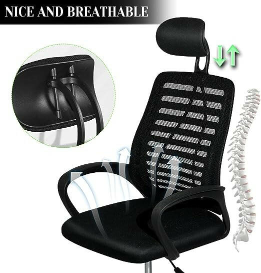 SKY TOUCH Office Chair,Comfort Ergonomic Height Adjustable Desk Chair with Lumbar Support Backrest&Headrest and Armrests，Black 125×55×55cm