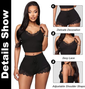 Short Pajama Set for Women Spaghetti Strap Crop Top Lace Camisole and Shorts V-Neck Sleepwear Pyjama Set Women Nightwear