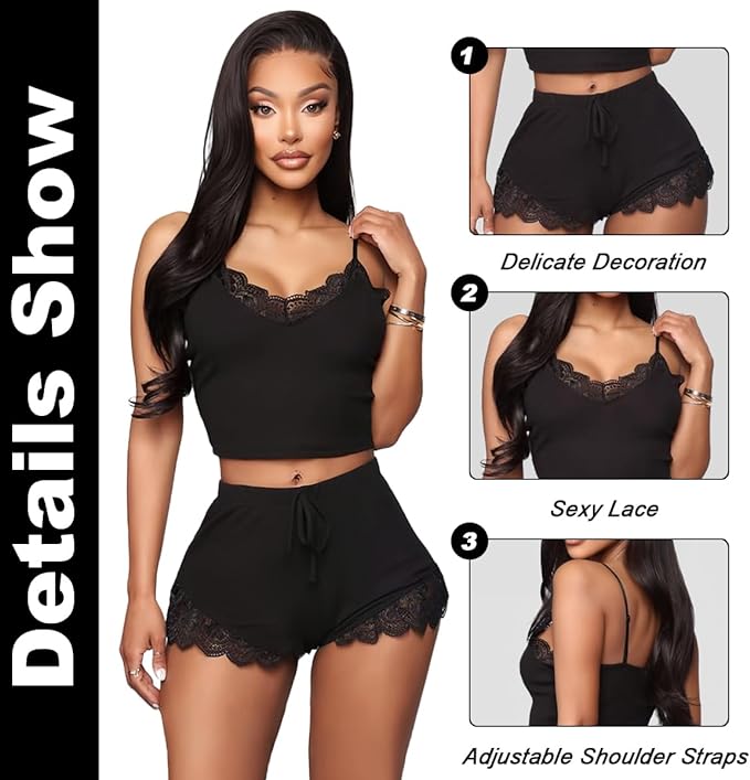 Short Pajama Set for Women Spaghetti Strap Crop Top Lace Camisole and Shorts V-Neck Sleepwear Pyjama Set Women Nightwear