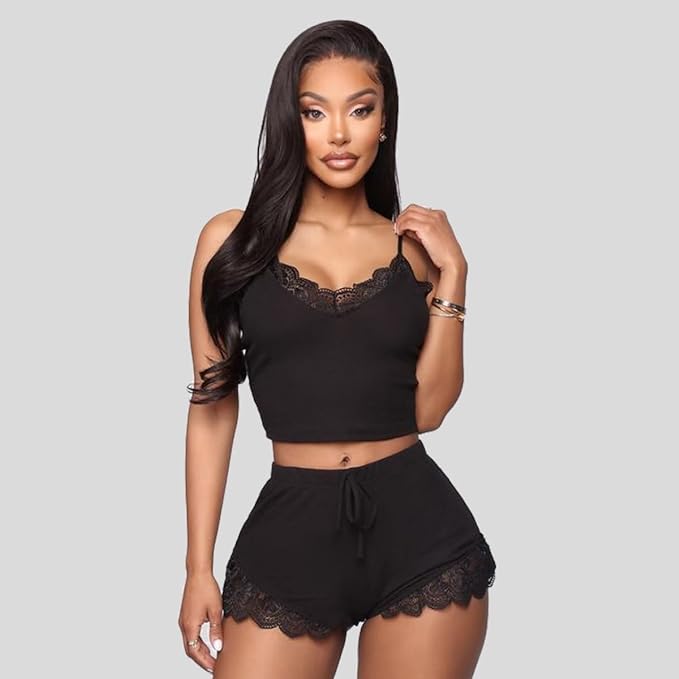 Short Pajama Set for Women Spaghetti Strap Crop Top Lace Camisole and Shorts V-Neck Sleepwear Pyjama Set Women Nightwear