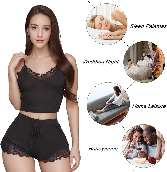 Short Pajama Set for Women Spaghetti Strap Crop Top Lace Camisole and Shorts V-Neck Sleepwear Pyjama Set Women Nightwear