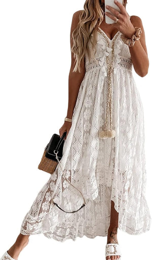 White Swim Dress for Women Boho Lace V-Neck Maxi Ruffle Dress Slip Tassel Crotchet Clothes Beach