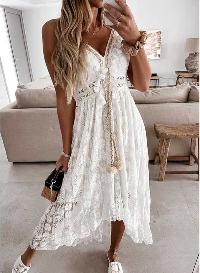 White Swim Dress for Women Boho Lace V-Neck Maxi Ruffle Dress Slip Tassel Crotchet Clothes Beach