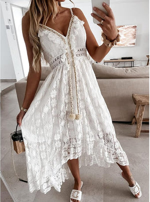 White Swim Dress for Women Boho Lace V-Neck Maxi Ruffle Dress Slip Tassel Crotchet Clothes Beach