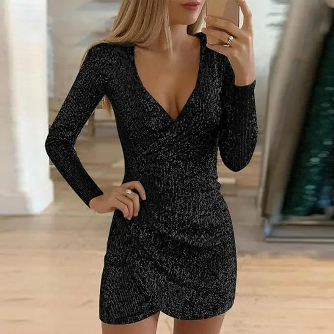 Sexy V-Neck Package Hip Irregular Short Skirt Sequin Dress