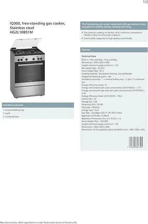 Siemens Freestanding Gas Cooker, 60 cm - HG2L10B51M"Min 1 year manufacturer warranty"