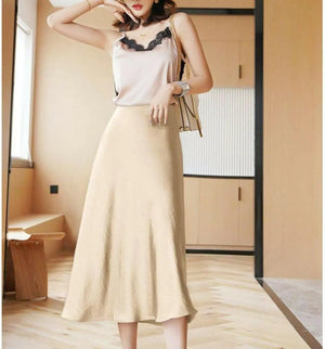 Summer silk mid-length skirt women's Korean version of the British style satin office ladies simple pure color elegant long skirt women's