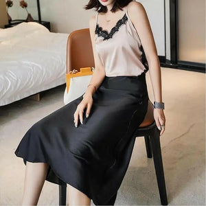 Summer silk mid-length skirt women's Korean version of the British style satin office ladies simple pure color elegant long skirt women's