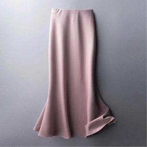 Summer silk mid-length skirt women's Korean version of the British style satin office ladies simple pure color elegant long skirt women's