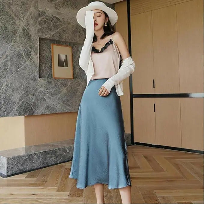 Summer silk mid-length skirt women's Korean version of the British style satin office ladies simple pure color elegant long skirt women's