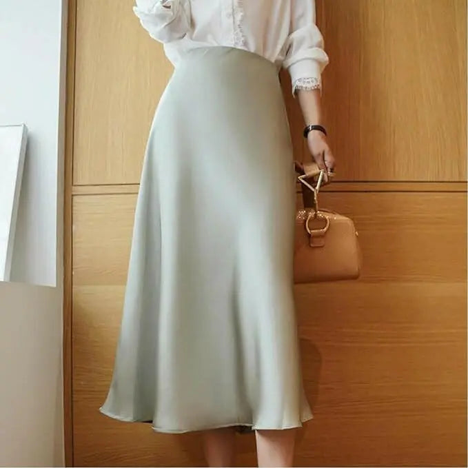 Summer silk mid-length skirt women's Korean version of the British style satin office ladies simple pure color elegant long skirt women's