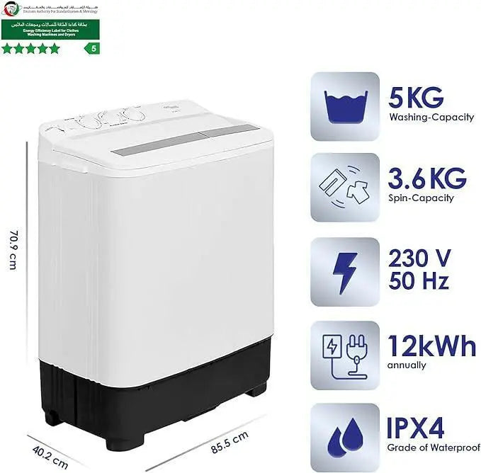 Super General 5 kg Twin-tub Semi-Automatic Washing Machine, White, efficient Top-Load Washer with Lint Filter, Spin-Dry, SGW-50, 70.9 x 40.2 x 85.5 cm, 1 Year Warranty