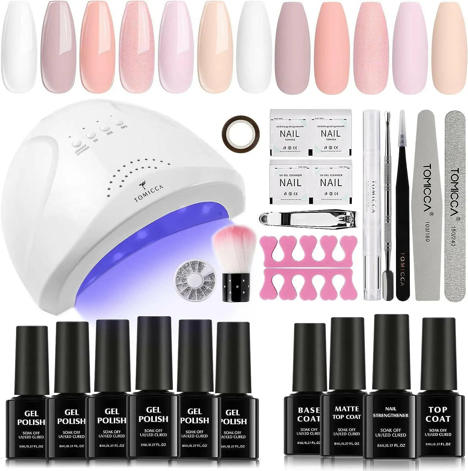 TOMICCA Gel Nail Polish Set Starter Kit, 6 Colors Nude Pink White and Base Top Coat Gel Polish with 48W UV Nail Lamp Dryer(3 Timer Setting), Essentials Nail Art Tools Accessories
