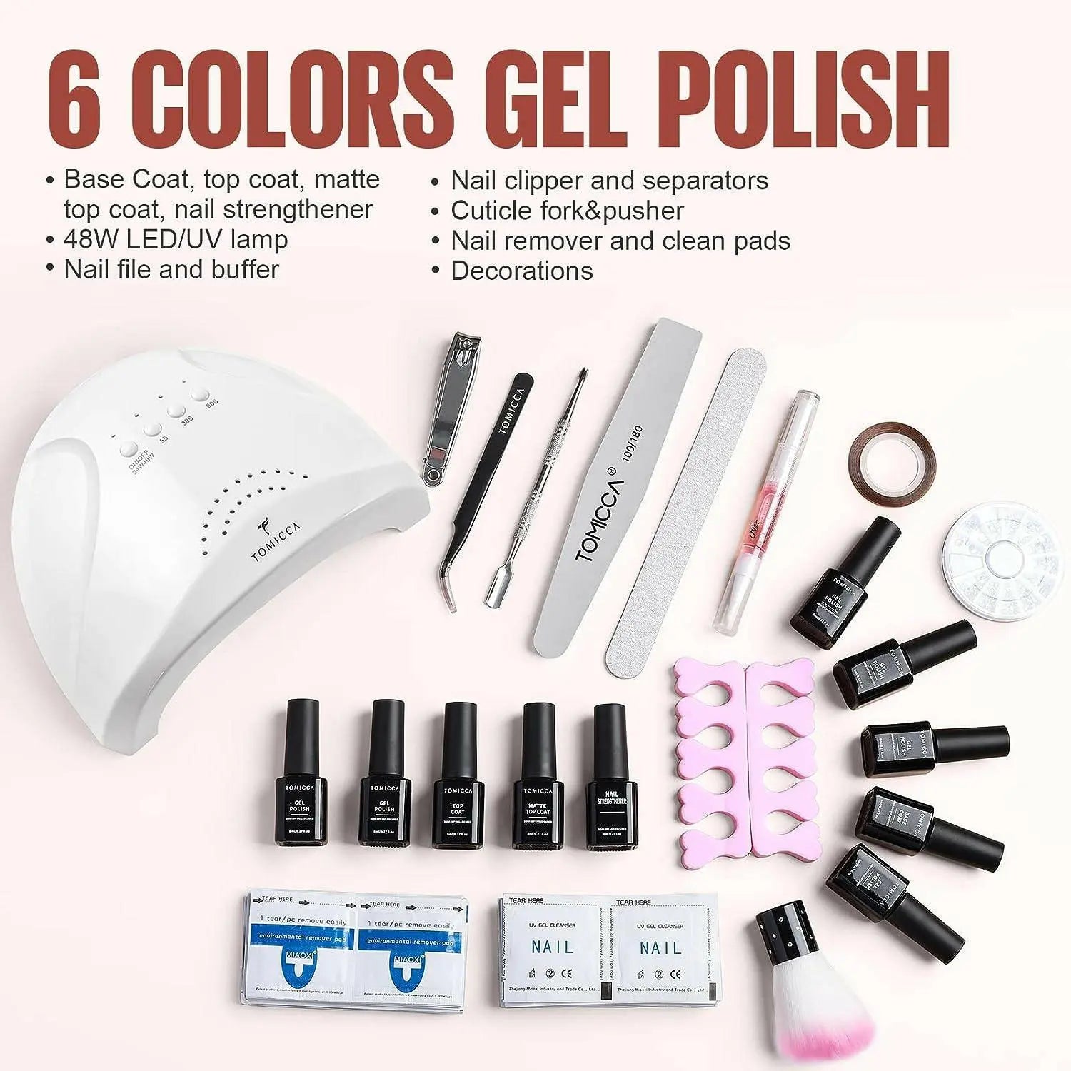 TOMICCA Gel Nail Polish Set Starter Kit, 6 Colors Nude Pink White and Base Top Coat Gel Polish with 48W UV Nail Lamp Dryer(3 Timer Setting), Essentials Nail Art Tools Accessories