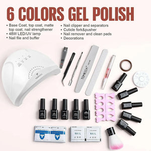 TOMICCA Gel Nail Polish Set Starter Kit, 6 Colors Nude Pink White and Base Top Coat Gel Polish with 48W UV Nail Lamp Dryer(3 Timer Setting), Essentials Nail Art Tools Accessories