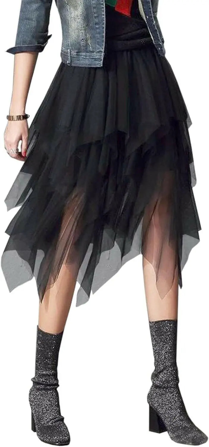 Tulle Skirts for Women 3 Layered High Low Asymmetrical Midi Length Elastic Waist Mesh Tutu Skirts