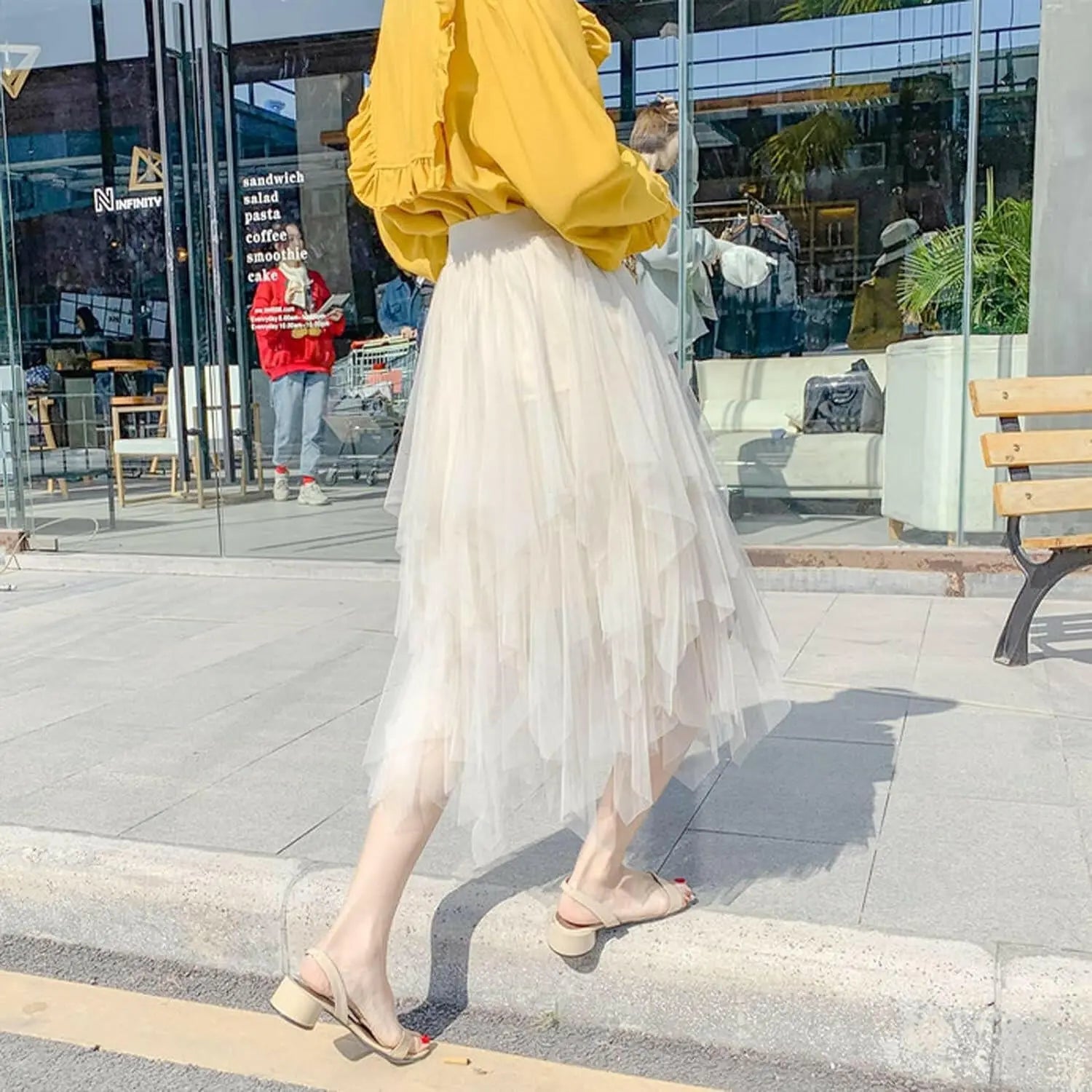 Tulle Skirts for Women 3 Layered High Low Asymmetrical Midi Length Elastic Waist Mesh Tutu Skirts