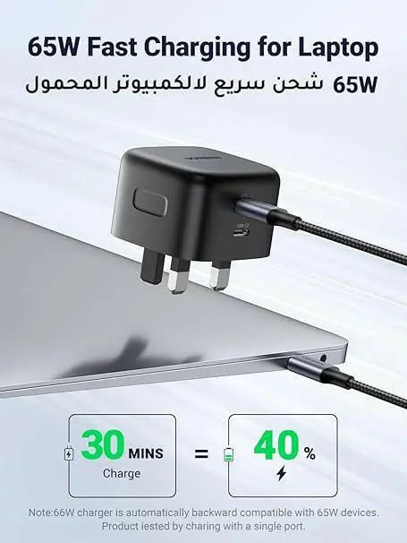 UGREEN PD 65W GaN Charger USB C Power Adapter Dual Type C Laptop Wall Charging Plug GaN Power Delivery Compatible with Macbook, Steam Deck, iPhone, iPad, Oneplus, Huawei, Lenovo, HP, Asus, Ace, Xiaomi