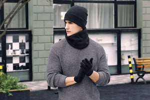 Winter Beanie Hat Scarf Touchscreen Gloves Set, Knit Thick Fleece Lined Warm Touchscreen Gloves Beanie Scarf Set for Men and Women.