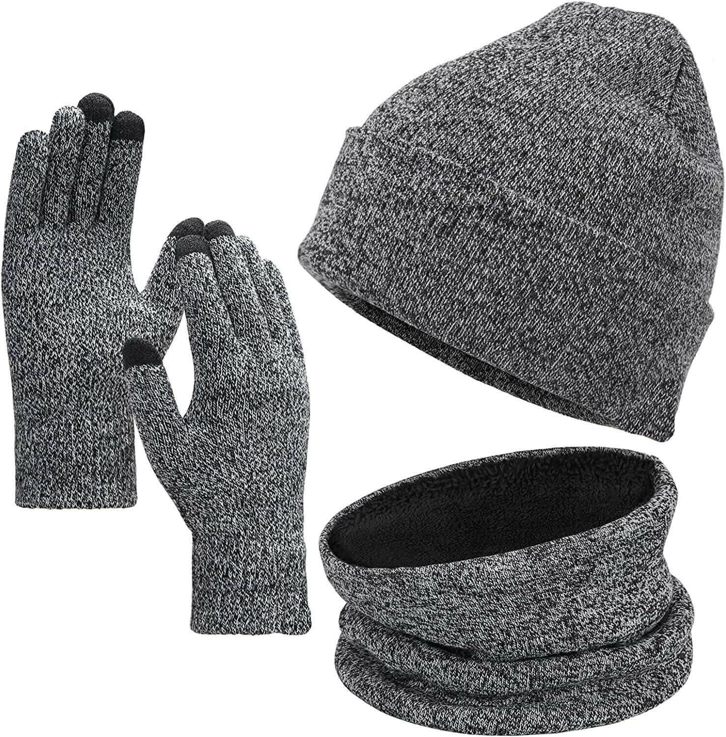 Winter Beanie Hat Scarf Touchscreen Gloves Set, Knit Thick Fleece Lined Warm Touchscreen Gloves Beanie Scarf Set for Men and Women.