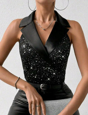 Women Lapel Sequined Camisole Top