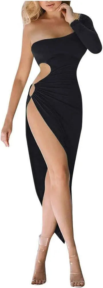 Women Sexy Party Evening Dress, Ladies Solid One Shoulder Hollow Out Split Mini Short Dress