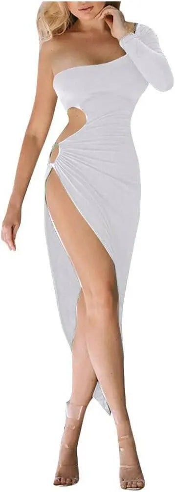 Women Sexy Party Evening Dress, Ladies Solid One Shoulder Hollow Out Split Mini Short Dress