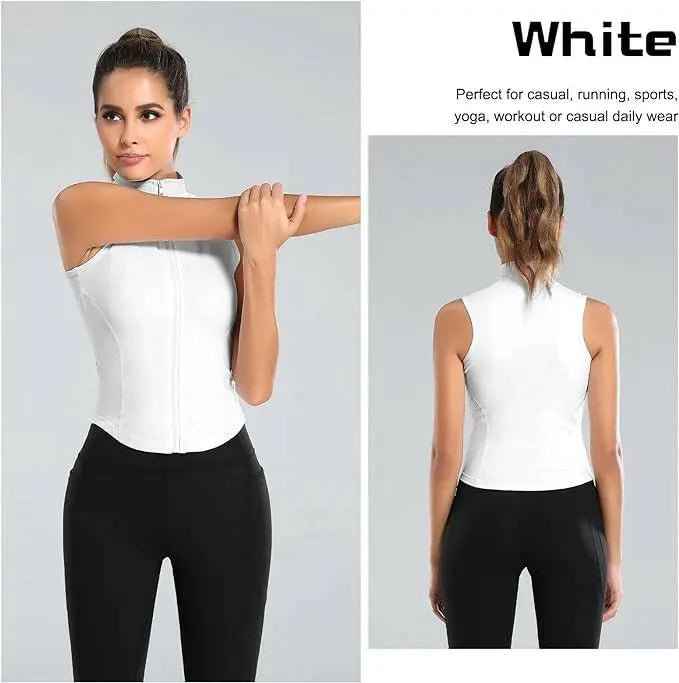 Women Sleeveless Athletic Tank Top Slim Fit Full Zip Shirts for Gym Yoga Workout Running Track