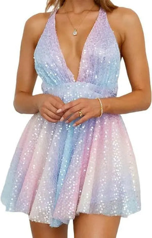 Women Sparkle Sequin Dress Glitter Sleeveless Backless Halter Deep V-Neck Mini Dress Cocktail Party Clubwear