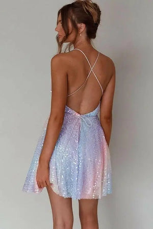 Women Sparkle Sequin Dress Glitter Sleeveless Backless Halter Deep V-Neck Mini Dress Cocktail Party Clubwear
