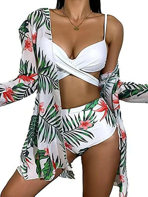 Women Swimsuit, Floral Tropical High Waist Wrap Swimsuit with Beach Kimono Cover Ups
