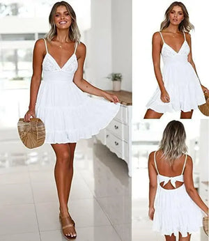 Women V-Neck Dress Summer Spaghetti Strap Bowknot Backless Sleeveless Lace Casual Loose Ruffle Short Dresses Mini Swing Skater Dress - M