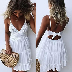 Women V-Neck Dress Summer Spaghetti Strap Bowknot Backless Sleeveless Lace Casual Loose Ruffle Short Dresses Mini Swing Skater Dress - M