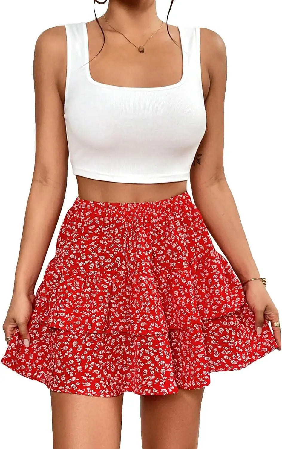 Women's 2 Piece Solid Square Neck Tank Top and Ditsy Floral Tiered Mini Skirt Set