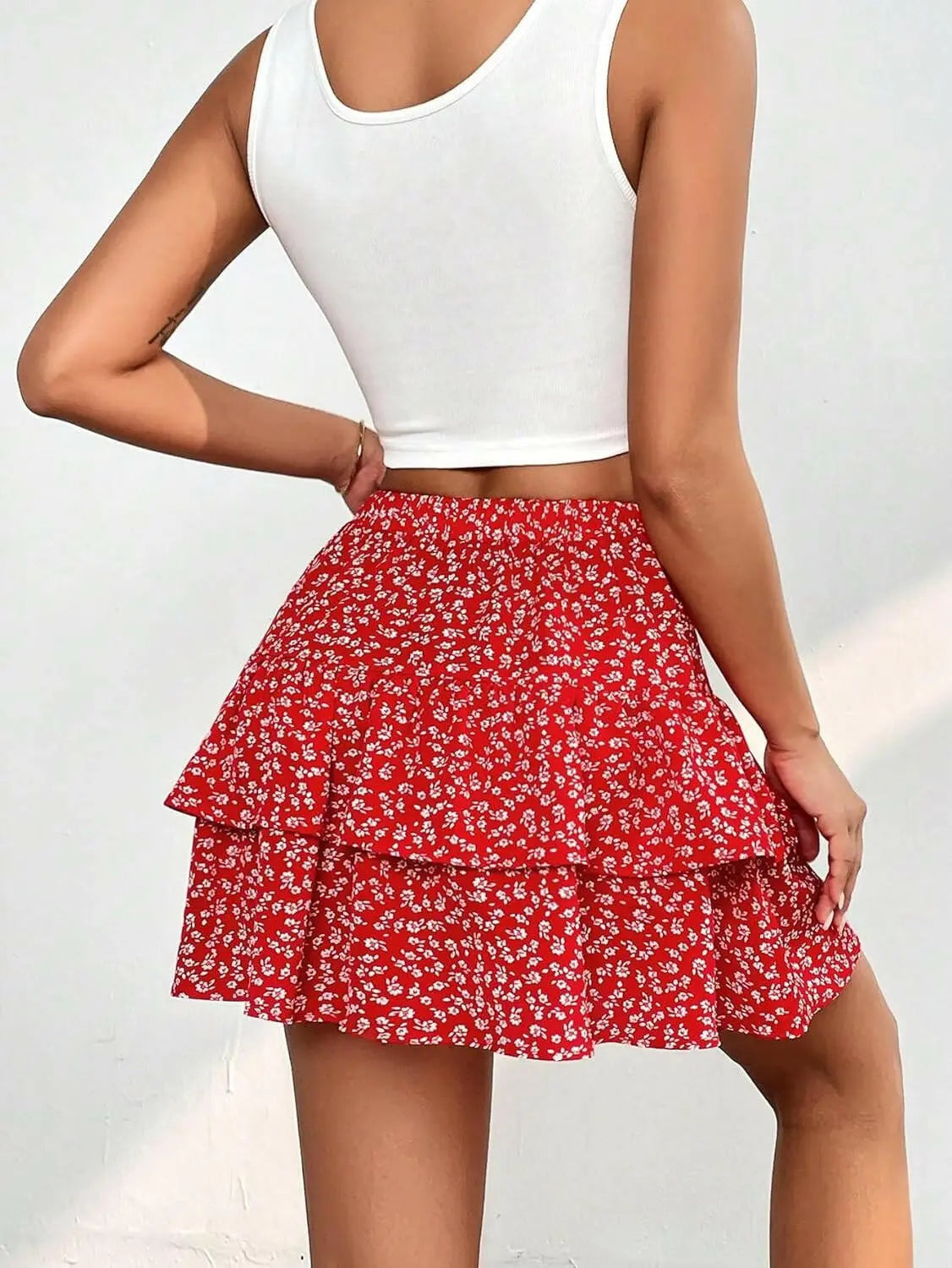 Women's 2 Piece Solid Square Neck Tank Top and Ditsy Floral Tiered Mini Skirt Set