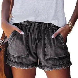 Women's Casual Denim Lightweight Shorts Hot Short Summer High Waist Frayed Ripped Raw Hem Denim Elastic Band Waist Jean Paperbag Shorts