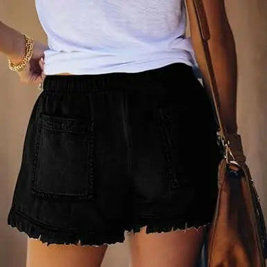 Women's Casual Denim Lightweight Shorts Hot Short Summer High Waist Frayed Ripped Raw Hem Denim Elastic Band Waist Jean Paperbag Shorts