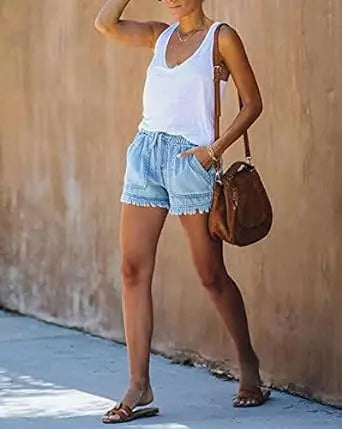 Women's Casual Denim Lightweight Shorts Hot Short Summer High Waist Frayed Ripped Raw Hem Denim Elastic Band Waist Jean Paperbag Shorts