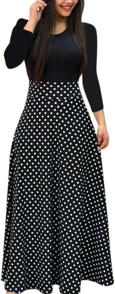 Women's Dress Bohemian Polka Dots Floral Print Maxi Dress O-Neck Long Sleeve A-Line High Waist Long Beach Dresses