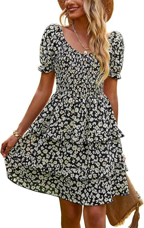 Women's Dresses Casual Summer Print Ruffle A Line Short Sleeve Mini Floral Dress for Women