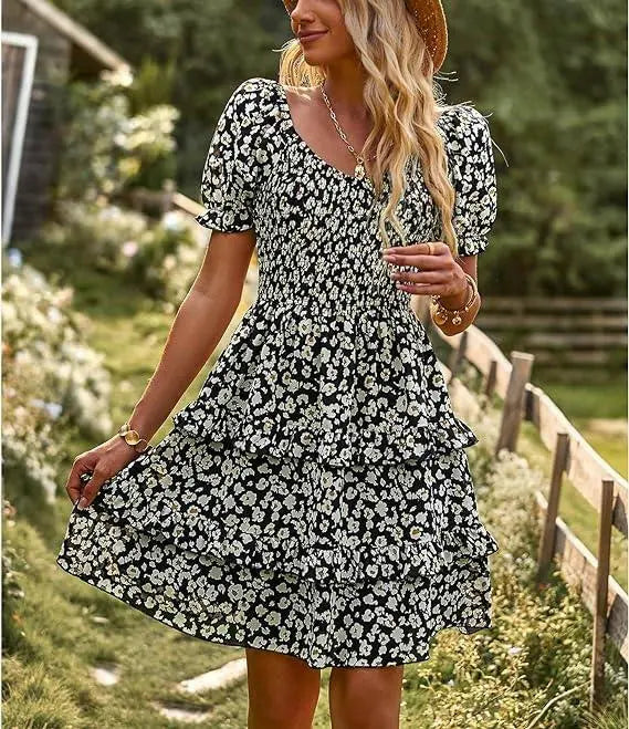 Women's Dresses Casual Summer Print Ruffle A Line Short Sleeve Mini Floral Dress for Women